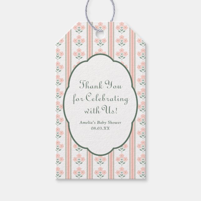 Etiqueta Para Presente Elegantes Flores Rosa Bebe Aniversário Obrigado (Frente)
