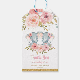 Etiqueta Para Presente Elephant Blush Floral Twins, Chá de fraldas Favor