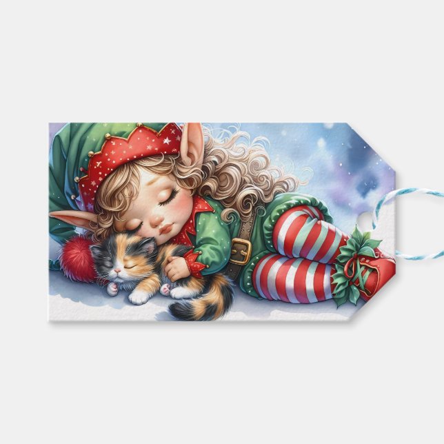Etiqueta Para Presente Elfo de Natal com Calico Kitten (Frente (horizontal))