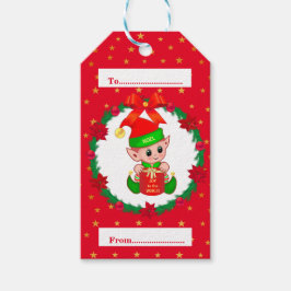 Etiqueta Para Presente elfo de Natal, grinalda de pinheiro, poinsettias e