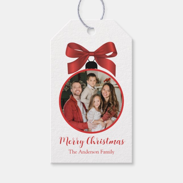 Etiqueta Para Presente Enfeite de Foto de Natal Vermelho (Frente)