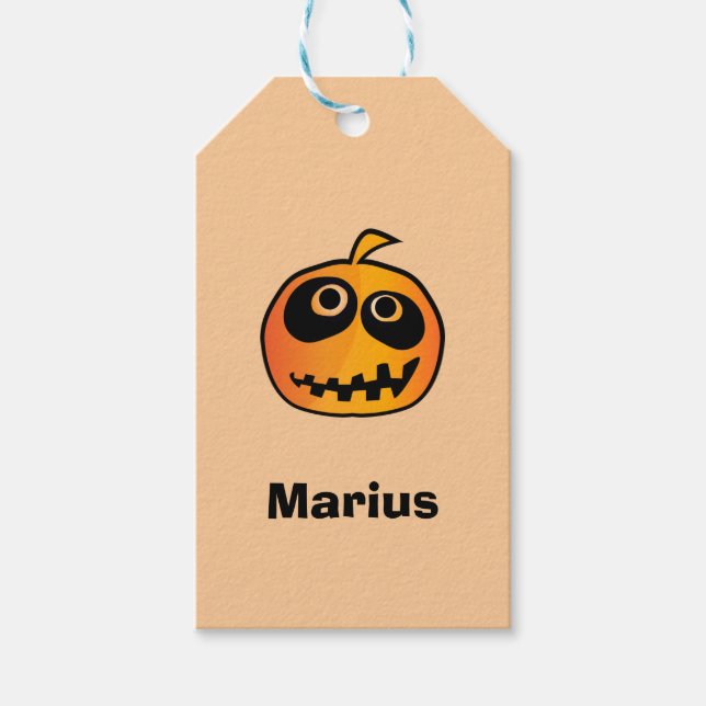 Etiqueta Para Presente Engraçado Cartocado Laranja Halloween Pumpkin Face (Frente)
