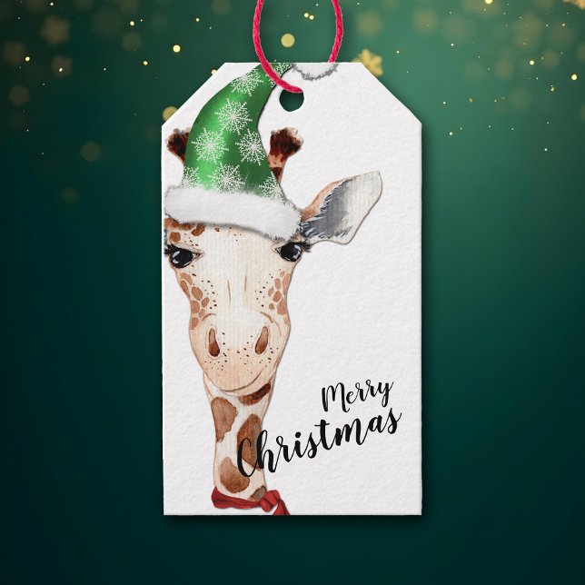 Etiqueta Para Presente Engraçado Giraffe Santa Hat Natal (Criador carregado)