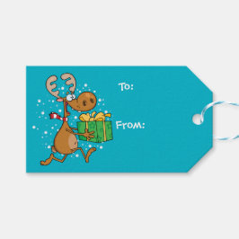 Etiqueta Para Presente Engraçado Reindeer Correndo Com Um Presente