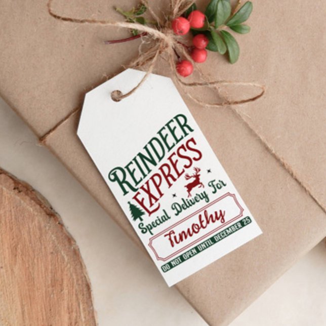 ETIQUETA PARA PRESENTE ENTREGA ESPECIAL REINDEER EXPRESS (REINDEER EXPRESS SPECIAL DELIVERY FOR KID NAME CLASSIC GREEN RED WHITE CHRISTMAS PALETTE. EDITABLE )