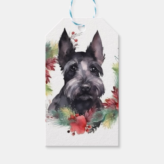 Etiqueta Para Presente Escócia Terrier Christmas Wreath Festivo Pup (Frente)