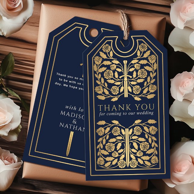 Etiqueta Para Presente Espada Dourada Medieval Real Azul Casamento Obriga (Criador carregado)