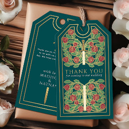 Etiqueta Para Presente Espada Dourada Medieval Verde Casamento Obrigado