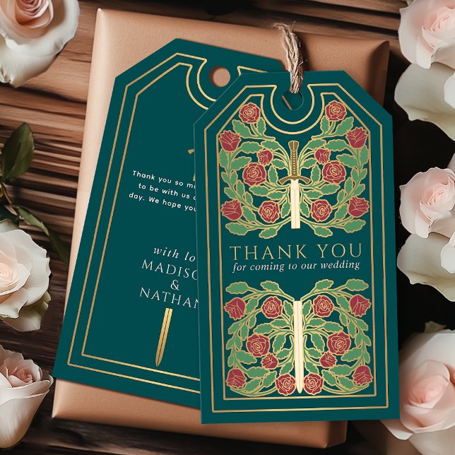 Etiqueta Para Presente Espada Dourada Medieval Verde Casamento Obrigado (Criador carregado)