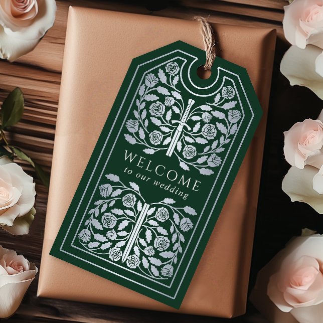 Etiqueta Para Presente Espada Prateada Medieval Real Verde Casamento Bem- (Criador carregado)