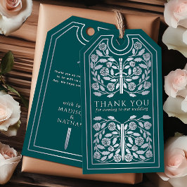 Etiqueta Para Presente Espada Prateada Medieval Verde Casamento Obrigado