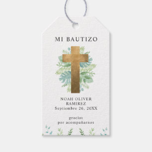 Etiqueta Para Presente Espanhol, Batismo Elegante Cruz Dourada com Verde