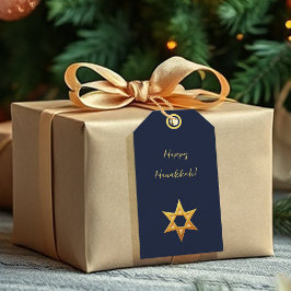 Etiqueta Para Presente Estrela de Davi Dourada Hanukkah Azul Marinho