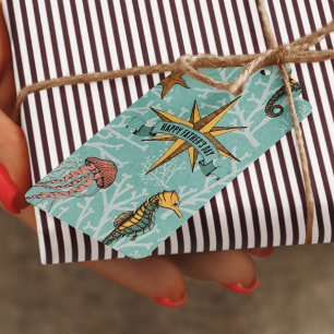 Etiqueta Para Presente Estrela Náutica Animal do Oceano Teal