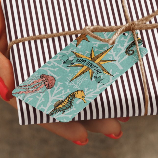 Etiqueta Para Presente Estrela Náutica Animal do Oceano Teal (Sea Life Illustrations in Black Ink. Seahorse, Jellyfish, Starfish and Coral on Turquoise Background)