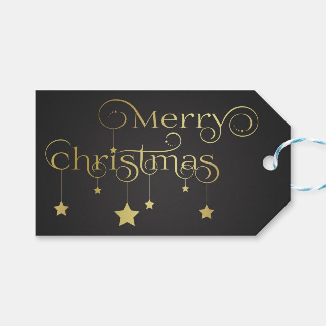 Etiqueta Para Presente Estrelas de Natal Douradas e Feliz (Frente (horizontal))