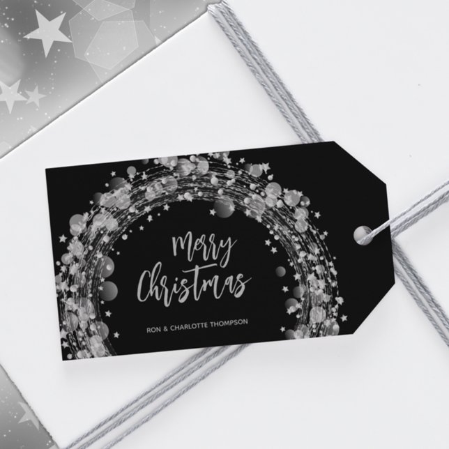 Etiqueta Para Presente Estrelas Prateadas Feliz Natal Preto (Criador carregado)