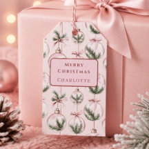 Etiqueta de Presente de Ornamento de Natal Rosa Mo