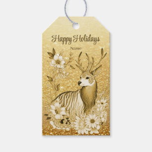 Etiqueta Para Presente Etiqueta de Presente de Reindeer Floral Dourada