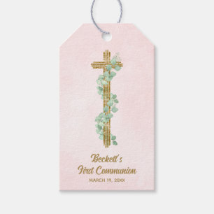 Etiqueta Para Presente Eucalipto Elegante e Primeira Comunhão Rosa Cruzad