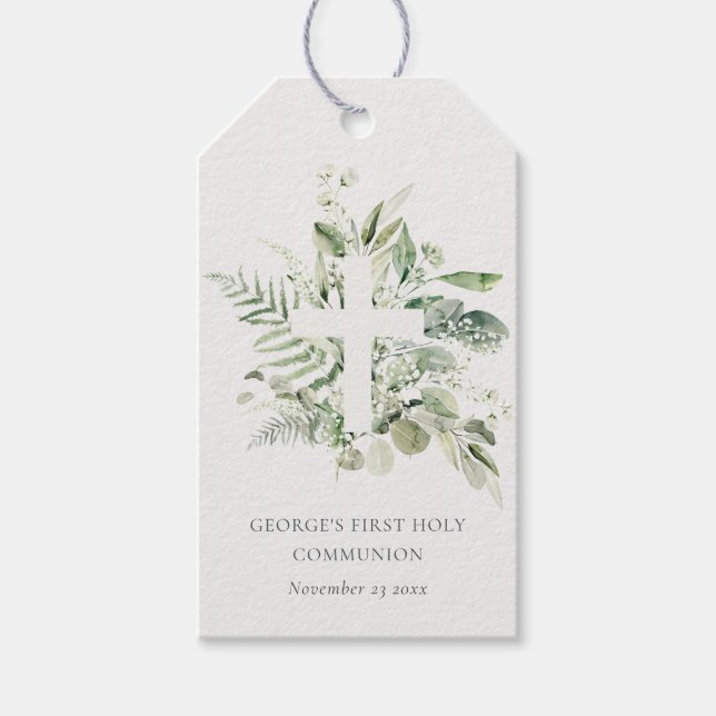 Etiqueta Para Presente Eucalyptus Fern Foliage Cross Primeira Comunhão Sa (Frente)