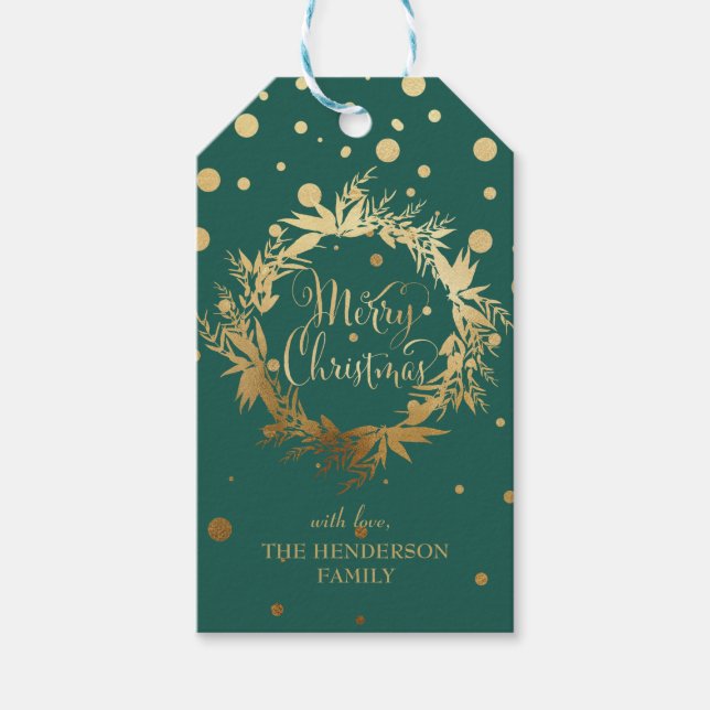 Etiqueta Para Presente Eucalyptus Wreath, Natal Dourado Verde (Frente)