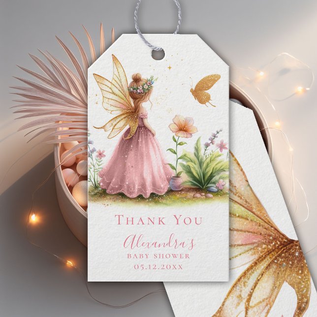 Etiqueta Para Presente Fada Princesa Encantada, Chá De Bebê Rosa (fairy princess girl baby shower gift tag pink watercolor twinkle lights enchanted garden)