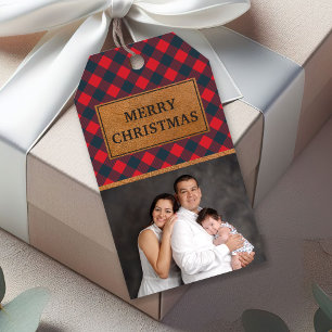 Etiqueta Para Presente Falso Couro Vermelho Xadrez de Búfalo Natal Foto