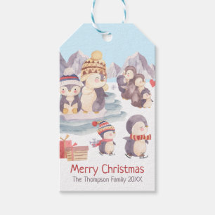 Etiqueta Para Presente Família Pinguim Feliz de Natal Jogando Neve