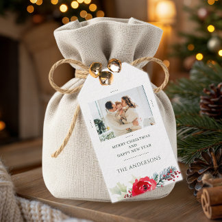 Etiqueta Para Presente Family Photo Personalized Floral Christmas
