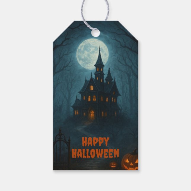 Etiqueta Para Presente Fantasia Gótica | Castelo Assombrado & Luar Nebulo (Frente)