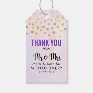 Etiqueta Para Presente Faux Dourado Confetti sobre Casamento Roxo Obrigad