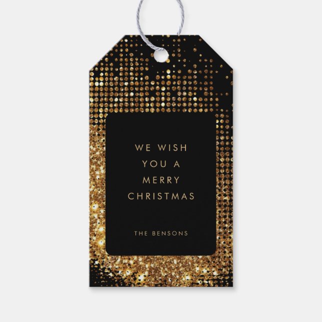 Etiqueta Para Presente Faux Dourado Glitter e Black Merry Christmas (Frente)