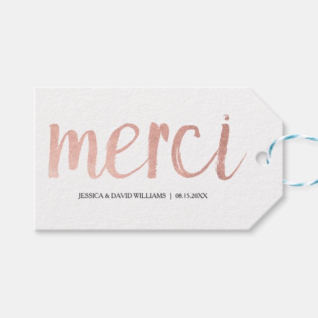 Etiqueta Para Presente Faux Rosa Gold Foil Merci (Frente (horizontal))