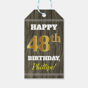 Etiqueta Para Presente Faux Wood, Faux Dourado 48º Aniversário + Nome P