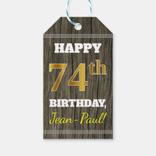 Etiqueta Para Presente Faux Wood, Faux Dourado 74.o aniversário + nome p