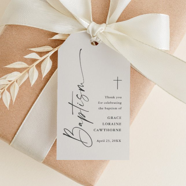 Etiqueta Para Presente Favor de Agradecimento Moderno Neutro para Batismo (Modern gender neutral baptism thank you favor tag with elegant script and simple typography.)