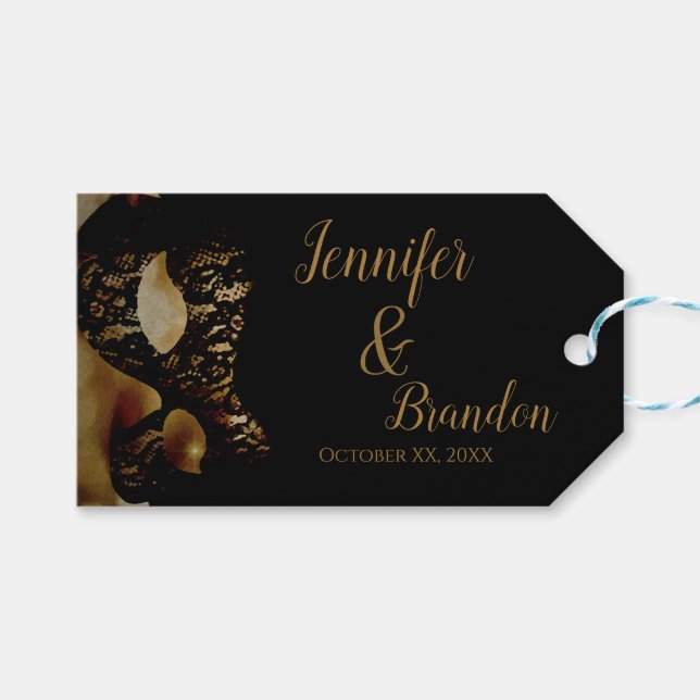 Etiqueta Para Presente Favor de Casamento Máscara Dourada (Frente (horizontal))