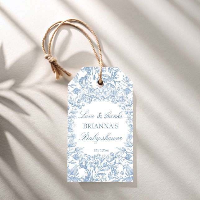 Etiqueta Para Presente Favor de chá de bebê azul toile francês elegante (Elegant French toile dusty blue boy baby shower favor Gift Tags personalized favor tags botanical)