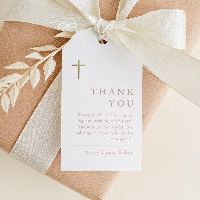 Etiqueta Para Presente Favor Moderno Minimalista de Cruz Dourada para Bat (Modern type girls baptism thank you favor tag.)