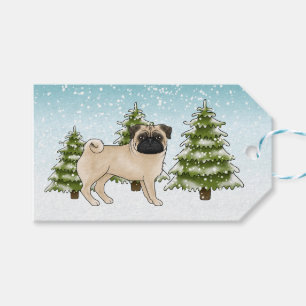 Etiqueta Para Presente Fawn Pug Cute Cartoon Dog Snowy Winter Forest