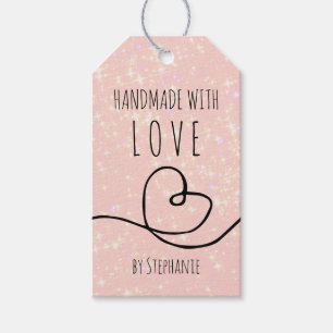 Etiqueta Para Presente Feito à Mão com Amor Coração Rabiscado Brilho Rosa