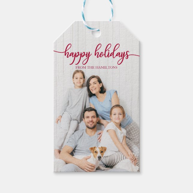 Etiqueta Para Presente Félicias Festas Vermelho Script Foto Personalizada (Frente)