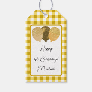 Etiqueta Para Presente Feliz 1º Aniversário & Xadrez Amarelo & Balões