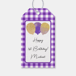 Etiqueta Para Presente Feliz 1º Aniversário & Xadrez Roxo & Balões