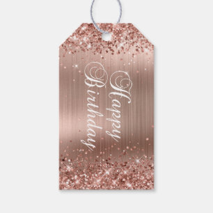 Etiqueta Para Presente Feliz Aniversário com Brilho em Dourado Rosa
