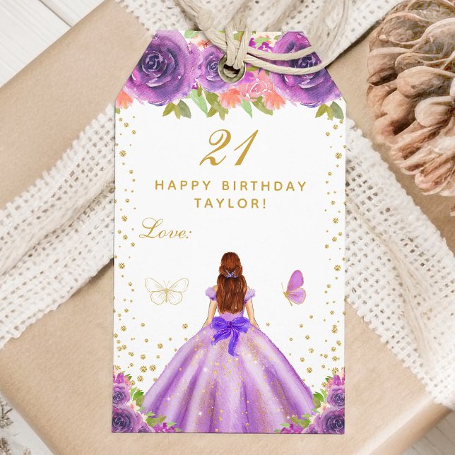 Etiqueta Para Presente Feliz Aniversário da Garota Púrpura Castanho (Criador carregado)