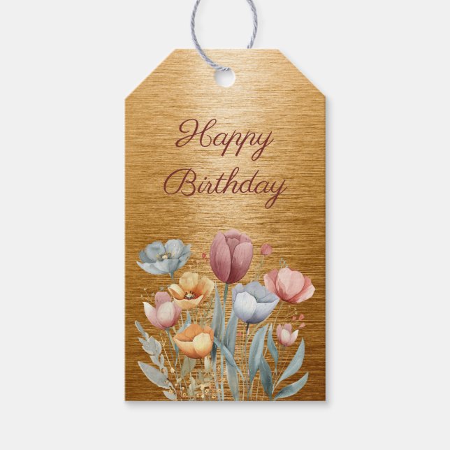 Etiqueta Para Presente Feliz Aniversário do Floral Gold Foil (Frente)