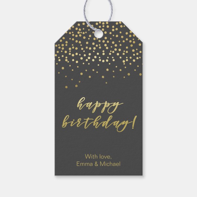 Etiqueta Para Presente Feliz Aniversário - Dourado Script & Confetti (Frente)