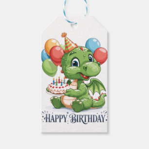 Etiqueta Para Presente "Feliz Aniversário" Dragão Verde Desenho Animado F